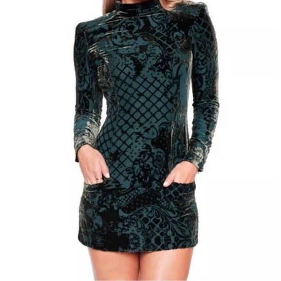 Balmain X H&M Green Silk Viscose Velvet Floral High Neck Chic Mini Dress NWT 6